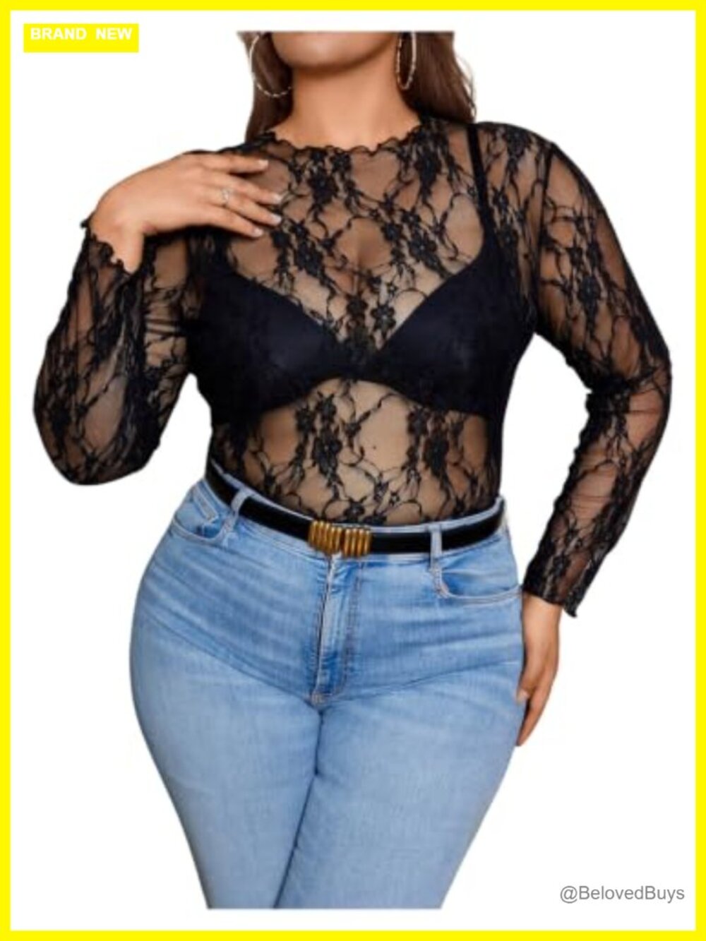Plus Size Lace Mesh Floral Long Sleeve Sheer Crop Top